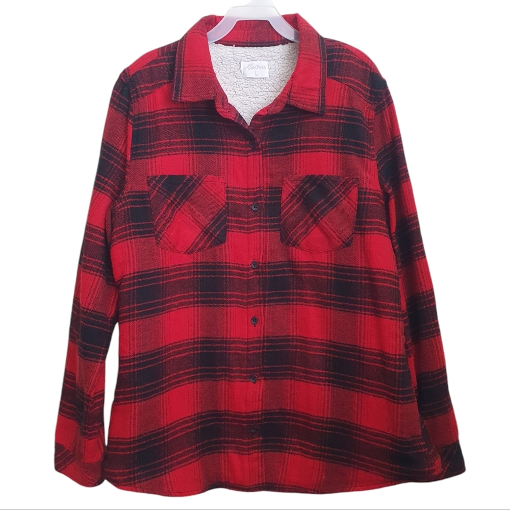 Miss Posh Women's Warm Red & Black Sherpa Plaid Flannel Shirt Size L